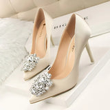 Breakj Korean Version Of Water Diamond Women's Shoes Thin Heel High Heel Sexy Show Thin Shallow Mouth Pointed Shiny Water Diamond With Buckle Single