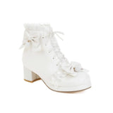 Chunky High Heel Lolita Shoes Butterfly-knot Cloth Plush Inner Women Cosplay Princess Ankle Boots Winter Autumn Pink White