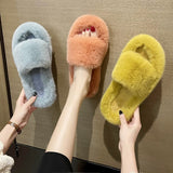 Style Fur Slippers Girls 2023 Autumn And Winter New Furry Home Flat-Soled Plush