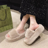 Breakj Thick-Bottomed Fur Slippers Wearing Autumn New Fashion Slope And Loose Cake Bottom-Size Cotton