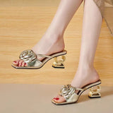 Breakj Word Drag Flower Decoration Coarse And Cool Slippers Women's Summer Fashion Tadge Height And Korean Version Of The Square Head Women's