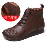 Breakj Time 138] National Wind Leather Hand-Woven Flat Bottom Short Boots Cow Skin Boots Soft Bottom Women's Cotton