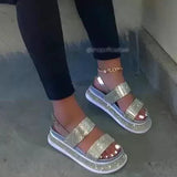 Trend Women Rhinestone Sandals Platform Wedge Mid Heel Thick Sole Outdoor Shiny Crystal Sexy Ladies Female 2021