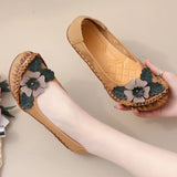 Summer New National Wind Leather Flower Single Shoes Beef Tendon Bottom Leisure Flat Bottom Women's Shoes Middle-Aged And
