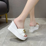 Women Sandals High Heel Slides Fashion Metal Decoration Peep Toe Solid Zapatillas Mujer Casa Sapatos Femininos Sliders