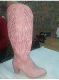 Mid-Calf Boots Leather Woman Western Cowboy Boots Embroidery Shoes Ladies Pointed Toe Women's Mid Heels Pump Plus Size