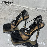 Sexy Green Mesh Pumps Sandals Female Square Toe high heel Lace Up Cross-tied Stiletto hollow Dress shoes size
