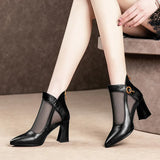 Breakj Buckle Tip Mesh Gauze Sandals 2023 Sexy Hollow Out V Mouth Women's Shoes High Heel Thick Heel Female
