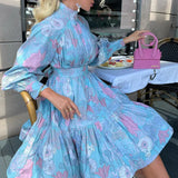Autumn Boho Women Dresses Fall Fashion Printed V Neck Puff Sleeve High Waist Long Dress 2022 Office Elegant Women