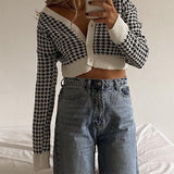 Houndstooth Print Vintage Crop Top Cardigan Women V Neck Elegant Chic Sweater Autumn Fashion Jumper Ladies