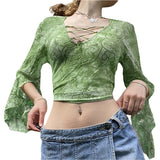 Khaki Vintage Print V Neck Flare Long Sleeve Y2K Tops Cute E Girl Fairy Grunge Aesthetic Graphic T Shirts for