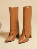 Fold Knee Women High Heel Boots Shark Lock Women Wedge Heel Boots Pointed Toe Big Size Long Boots Chaussures 2022