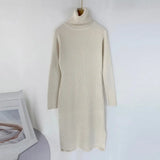 Solid Knitted Long Dress Women Autumn Winter Turtleneck Long Sleeve Sweater Dress Lady Split Loose Casual Dress