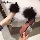 2022 New PVC shoes Woman Feather Transparent High heels Fur Pumps Slippers Women Peep toe Mules Lady Pumps Slides