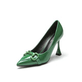 Women's High Heels Female Stiletto Pointed French Retro Pumps Patent Leather Horsebit Single Shoes Profession Work