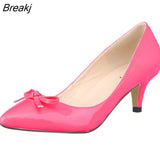 Women Sexy Low Mid Kitten Heels Shoes PU Patent Leather Pointed Toe Work Pumps With Bowknot wedding shoes