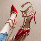 Summer New Shallow Mouth Pointed Black Riveted High Heels Women's Sandals Beautiful Naked Color Heeled Single