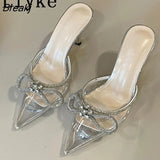 Sexy Pointed Toe Stiletto High Heels Mules Slippers Sandal Fashion Crystal Bowknot Design Slip-On Pumps Women Shoes