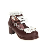 Lolita Shoes Women Low Round with T Straps White Bow Cute Girls Princess Tea Party Shoes Students Lovely Pumps Size