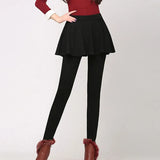 Women's False two-piece Fold Pleated Legging Mini Skirts Winter Sexy Leggings Grey Black Slim Fit Stretch