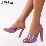 Fashion Purple Snake Print Patent Leather Slides Women High Heels Mules Ladies Prom Slippers Square Toe Sandals