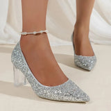 Shiny Crystal Silver Pumps Women 2024 New Clear Thick Heels Wedding Party Shoes Woman Plus Size Sequin Pointed Toe