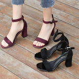 Girls Summer 2023 New Thick Heels Black Student Open Toes Buckle Roman High Heels