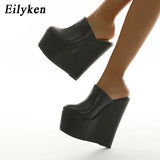 Platform Wedge Round head Pumps Slippers Black Summer Shoes Woman Sexy Super High Sandal Slippers Black