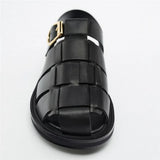 Shoes Women Genuine Leather Gladiator Sandals Round Toe Flats Buckle Ladies Footwear 2022 Summer Black Big Size