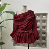 Sweet Temperament Design Folded Micro-Perchee Shoulder Irregular Top + Ultra-Short Trousers