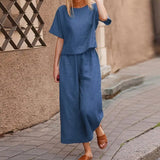 Women Linen 2 Piece Set Solid Color Loose Comfortable Drawstring Long Sleeve Home Suits 2021 Lounge Wear