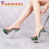 Women Sandals Platform Transparent Leopard Print High Heels Model Fashion Show Shoes 2023 Summer PVC Sexy Slippers New Plus