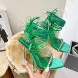 2024 New Catwalk Style Square-Headed Women's Shoes Diamond Feather With