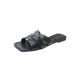 Classic Flat-Soled Slippers Women's 2023 New Leisure Three Cross-Band Knitting Square Head Comfortable Slippers