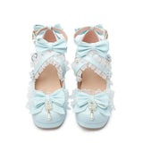 6 Candy Color Princess JK Uniform Cosplay Lolita Shoes String Bead Ruffles Bow Cross Tied Chuncky Heels Pumps Women Purple