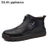 New Winter Men's Boots Luxury Brand Leather Plush Warm Snow Boots Outdoor Slip On Zip Metal Motorcycle Boots Big Size