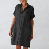 Summer Women New Turn-down Collar Casual Solid Color Shirt Dress Slim Elegant Half Sleeves Buttons Cardigan Pocket