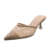 Semi-Slippers Women Wear 2024 New Summer Net Yarn Pointed High-Heeled Shoes Heel