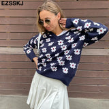 blue floral Sweater Pullovers Women winter autumn thick v-neck chic 2021 sweater long sleeve sweater