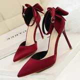 Shoes Bow Woman Pumps Silk High Heels Women Shoes Stiletto Red Wedding Shoes Women Heels Women Sandals Free