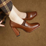 Breakj 2025 New Mid-Slip Women's OL Professional Fashion High-Heeled Shoes Square Heel Retro French Leather