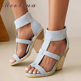 Women PU Leather Gladiator Shoes Super High Heel Sandals Peep Toe Zipper Thick Heel Ladies Sandals Summer White