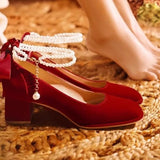 Breakj Jane Shoes 2025 New French Pearl Chain Bow High Heels Round Head Thick And Shallow Single