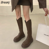 Winter New Chunky Women Knee High Boots Thick Sole Heel Round Toe Zipper Ladies Comfort Long Boots Knight