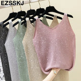 shiny Knitted Top Summer v-neck diamonds Tank top Women Slim Top Female bling sleeveless t-shirt Vest