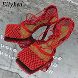 Sexy Green Mesh Pumps Sandals Female Square Toe high heel Lace Up Cross-tied Stiletto hollow Dress shoes size