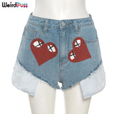 Puss Sexy Heart Print Jean Shorts Women Casual Summer Fashion 2021 Streetwear Fur-Lined Leg-Openings Denim Booty