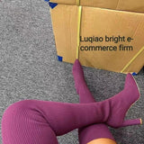 Breakj Autumn And Winter Sharp Head Thick And Knitted Knee Boots Woman 43 Large Elastic Long