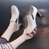 Heel Single Shoes Women's New High Heels British Wind Square Head Deep Mouth Small Leather Shoes Square Head Women's Shoes Black Low Top Shoes