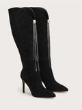 Winter Fashion Faux Suede Women Knee High Boots Luxury Pearls Rhinestones Tassel High Heels Female Chelsea Boots